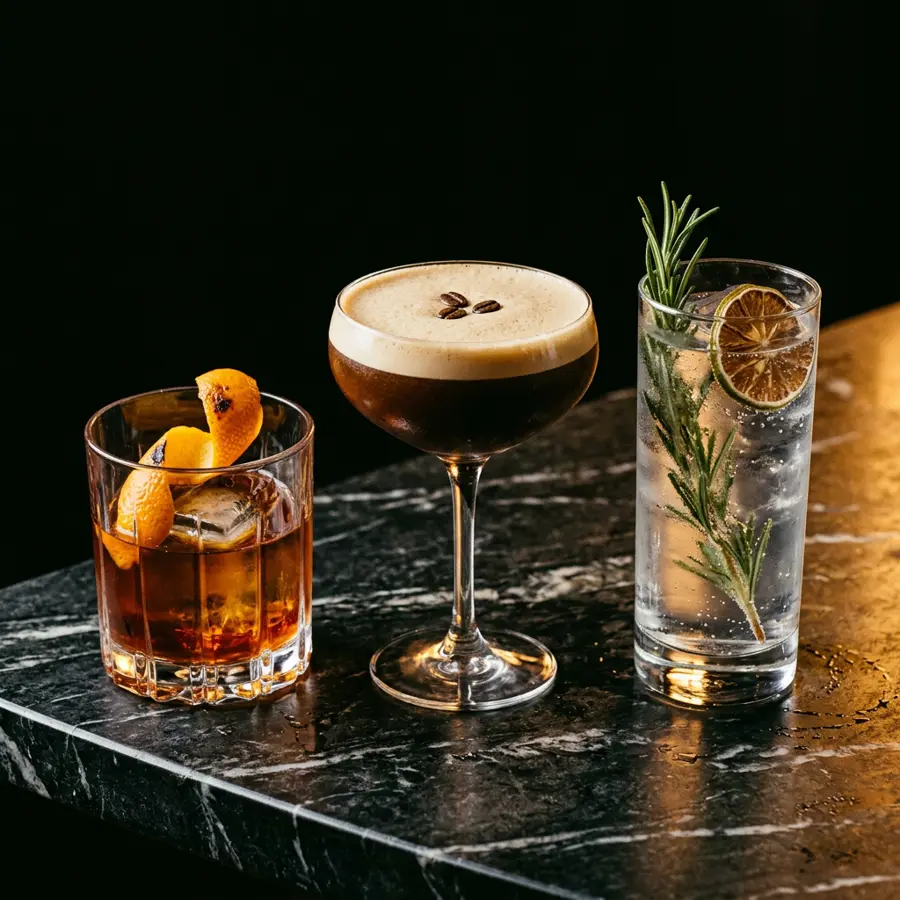 Old fashioned, espresso martini and gin & tonic on a marble bar