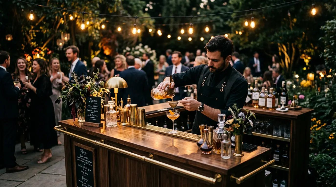 Event Spirits bartender pouring a cocktail at a mobile bar under festoon lights
