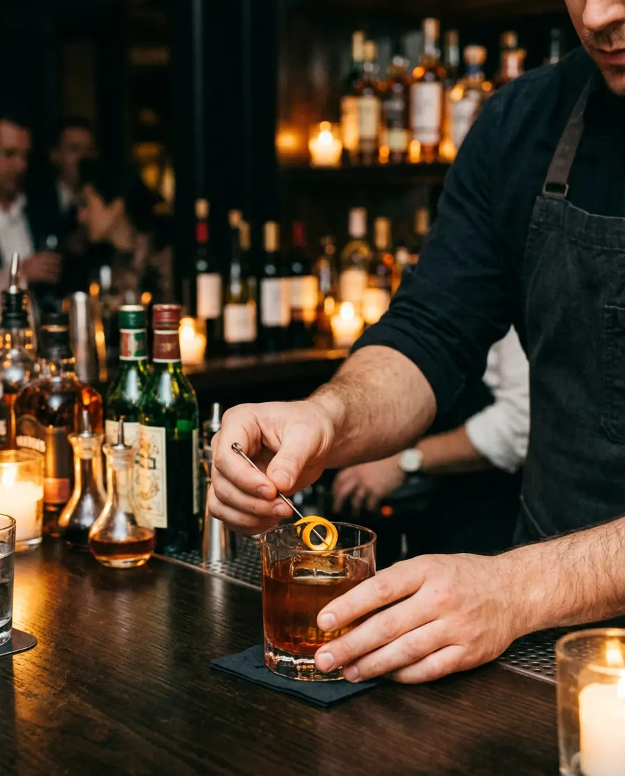 Bartender garnishing an old fashioned with orange peel